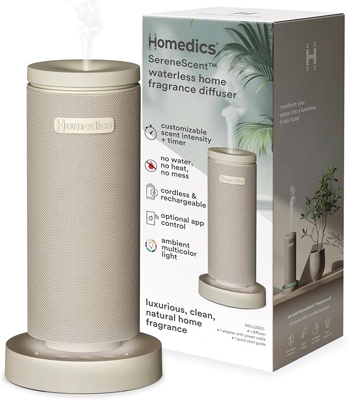 Homedics SereneScent Mini Fabric Rechargeable Waterless Diffuser, Cordless Aromatherapy Device, Use with SereneScent Oil 15ml (Sold Separately), Adjustable Mist Intensity & Ambient Light, Beige