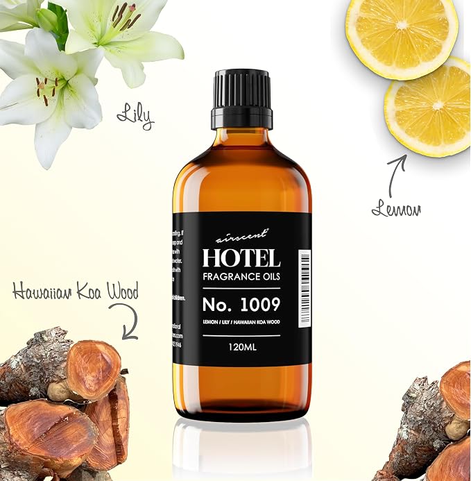 AirScent Hotel Diffuser Oil No. 1009 - Lemon Lily Hawaiian Koa Wood - Hotel Scent Dupe - Premium Fragrance Oil for Ultrasonic and Waterless Diffusers and Crafting - 500 mL, 16.9 fl oz Glass Bottle