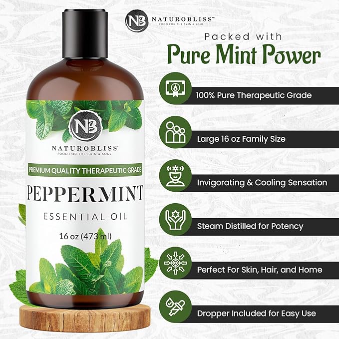 NaturoBliss Peppermint Essential Oil, 100% Pure and Natural Therapeutic Grade, Premium Quality Peppermint Oil, 16 fl. Oz - Perfect for Aromatherapy and Relaxation