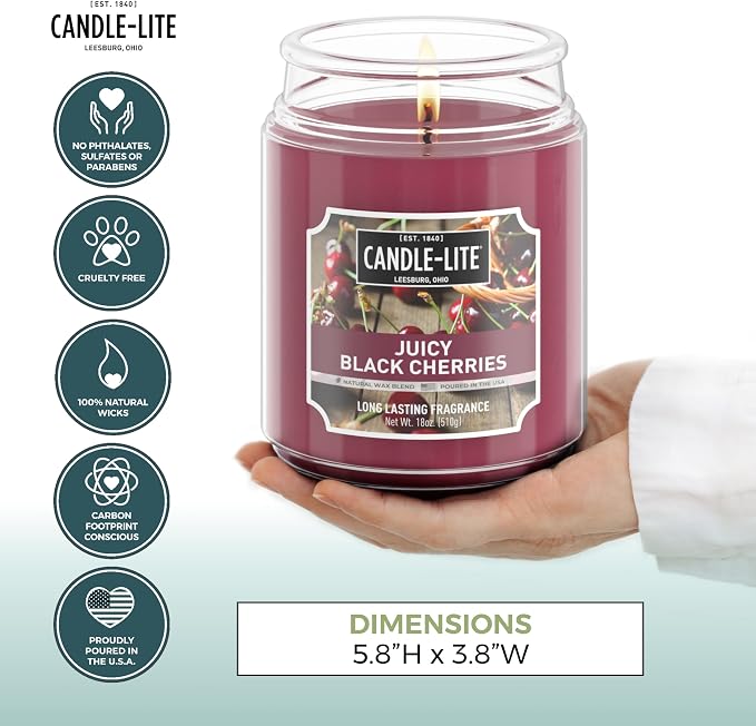 Candle-lite Scented Candles, Juicy Black Cherries, 18 oz Jar, Proudly Poured in The USA, Aromatherapy Candle, Single-Wick with 110 Hours of Burn Time, Perfect for Creating an Inviting Ambiance
