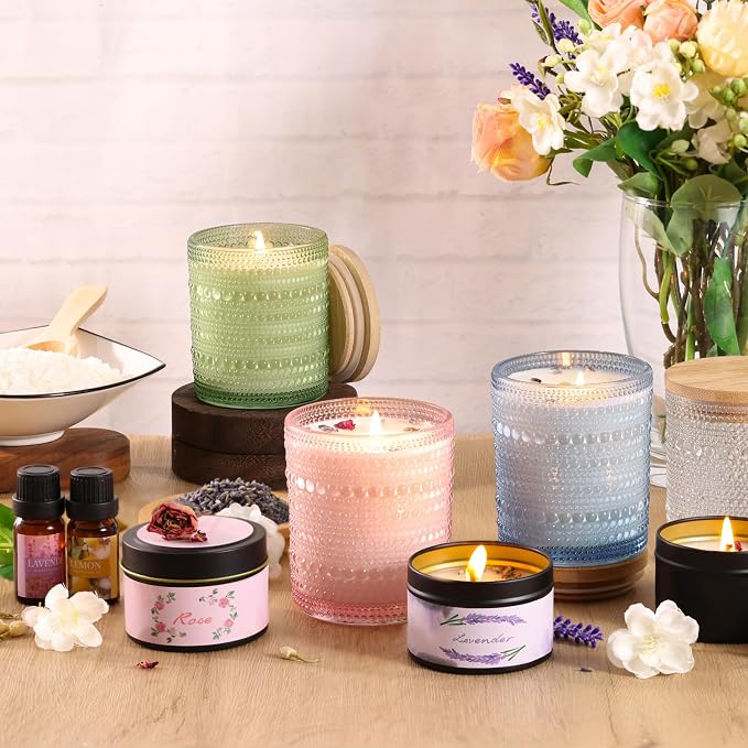 DARJEN Candle Making Kits for Adults - Candle Making Supplies with 4 Candle Jars(Clear, Pink, Blue, Green), Candle Tins, Soy Wax, Scents, Dried Flower & More, DIY Starter Candle Making Kit Home Decor