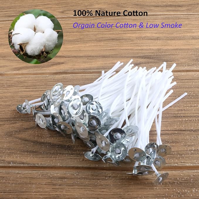 MILIVIXAY 3.5" Candle Wick Bundle: 100PCS Candle Wicks, 100PCS Candle Wick Stickers and 6PCS Wooden Candle Wick Holders - Wicks Coated with Paraffin Wax, Cotton Wicks Kits for Candle Making.