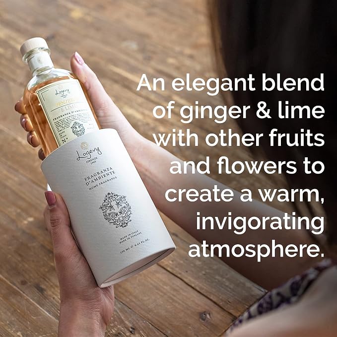 Logevy Firenze 1965 Zenzero e Lime – Ginger & Lime Luxury Home Fragrance Diffuser from Master Perfumer with Spicy, Floral & Fruity Notes in Elegant Glass Bottle with 12 Natural Bamboo Reeds – 500ml