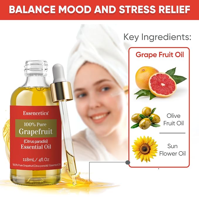 4 oz Grapefruit Essential Oil Organic - 100% Natural - Infused with Olive & Sunflower Oils - Therapeutic Grade Grapefruit Oil for Skin, Hair Care, Aromatherapy & Diffuser