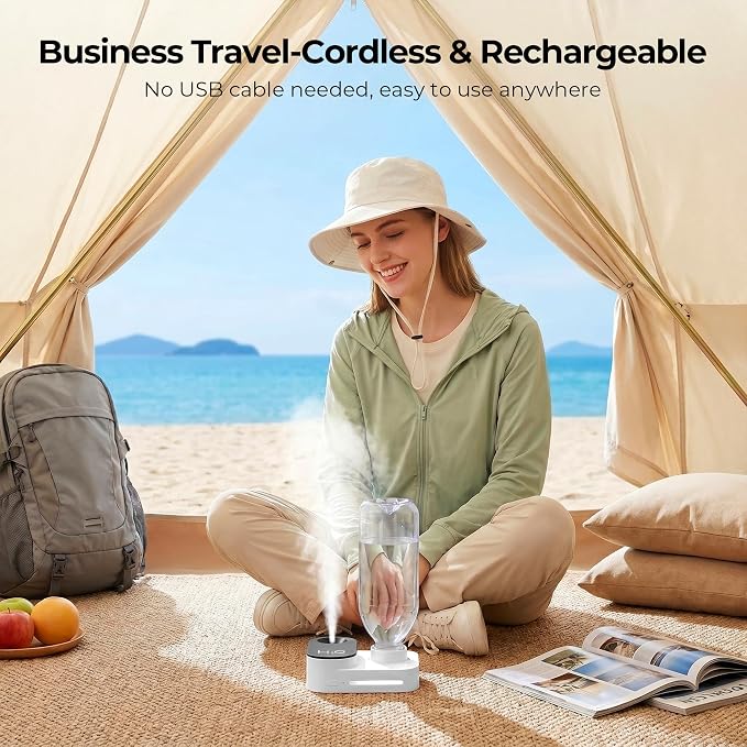 Travel Humidifier, Portable Mini Cool Mist Humidifier, Small Bottle Humidifier with Auto Shut-Off, Night Light, USB Rechargeable, for Bedroom, Office, Hotel, Car and Plants,White