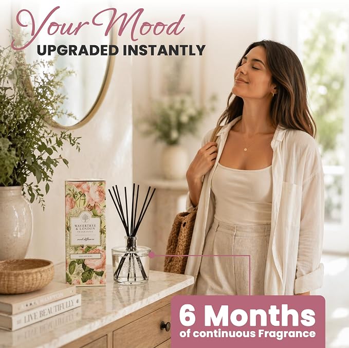 Wavertree & London Natural English Rose Scented Reed Diffusers Set - Long Lasting Aromatherapy Air Freshener Diffuser with Sticks for Home & Office | 250ml Scented Diffuser with 6 Months Scent Life