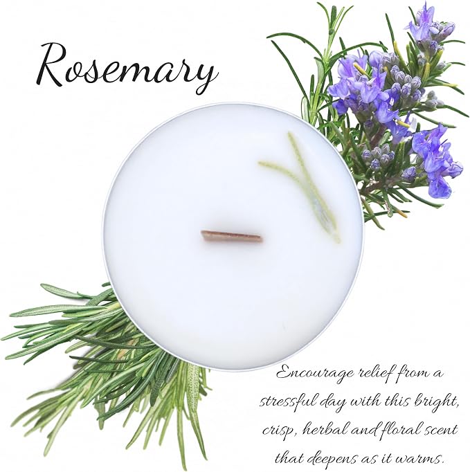 Rosemary Scented Essential Oil Tealight Candle Gift Set of 4, Hand Crafted Soy Wax Candles Wooden Wick Dried Flowers, Natural Aromatherapy Aluminum Cup Tea Lights by Lathered Artisan