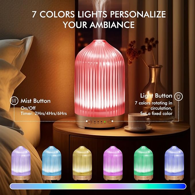 Essential Oil Diffuser for Home- 200ml Aromatherapy Diffuser for Essential Oils with 4 Timer, 7 Color LED Lights Waterless Auto Shut-Off for Home Office Décor Gifts for Women