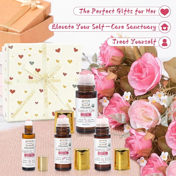 Castor Oil with Rose Quartz Roll On, 4 Pack for Face, Body, Hands & Feet—Real Crystal Roller Set, Organic Cold-Pressed Castor Oil, Hexane-Free, Moisturizing & Relaxing Self-Care Gift Set for Women