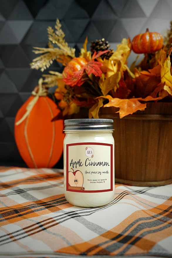Aira Soy Candle – Apple Cinnamon – 12 oz Mason Jar – Hand-Poured USA – Long-Lasting Vegan Soy Wax Candle – Cozy Fall & Holiday Aromatherapy – Paraffin-Free, Kosher, Cruelty-Free