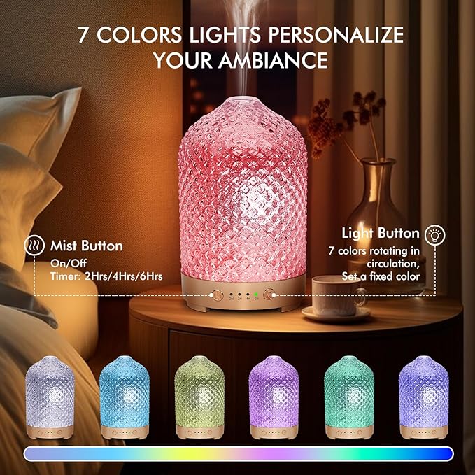 Essential Oil Diffuser for Home- 200ml Aromatherapy Diffuser for Essential Oils with 4 Timer, 7 Color LED Lights Waterless Auto Shut-Off for Home Office Décor Gifts for Women