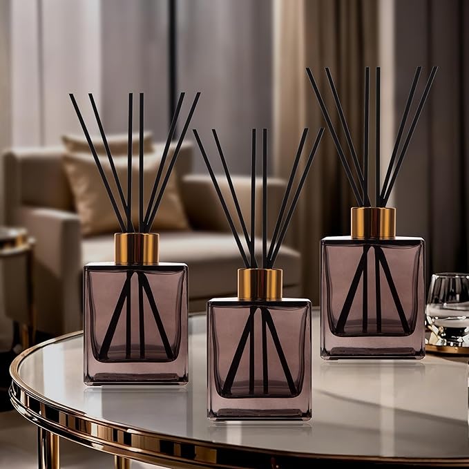 6 Pack Perfume Reed Diffuser Bottle,Empty Square Essential Oil Bottles Glass Jar with Black Sticks for DIY Fragrance Replacement Diffuser Sets (200ml/6.8 oz, Brown Color)