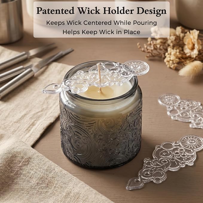 10 oz Gray Sun Moon Stars Candle Jars with Metal Lids, 9 Pack | Patented Embossed Design, Includes Wick Centering Devices & Warning Labels, Multiple Color Options