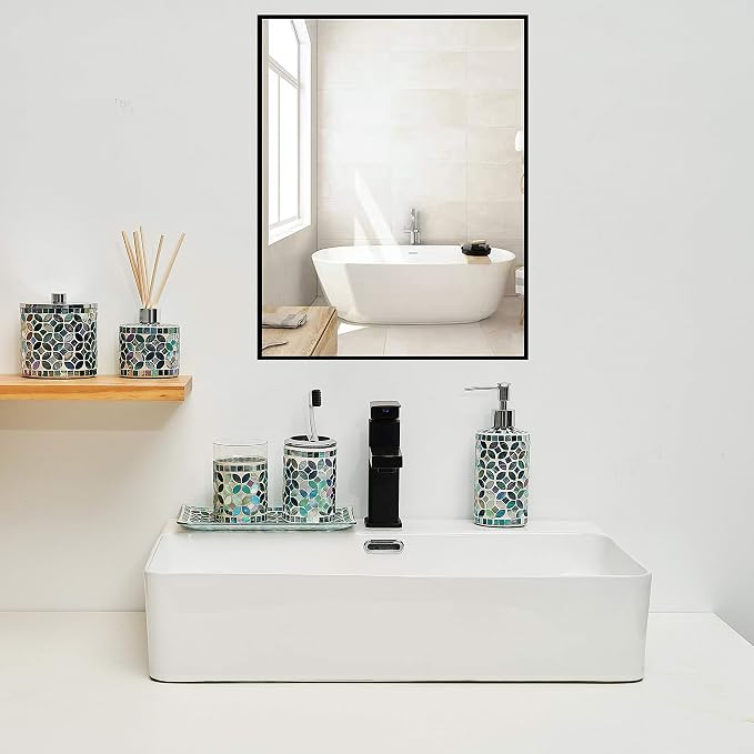 7.3oz Decorative Vertical Mosaic Glass Reed Diffuser Bottle Set with Silver Caps & 16pcs Natural Feed Sticks-Set of 2 - Ideal for Home Fragrance, Bathroom Decoration, Accent (Blue)