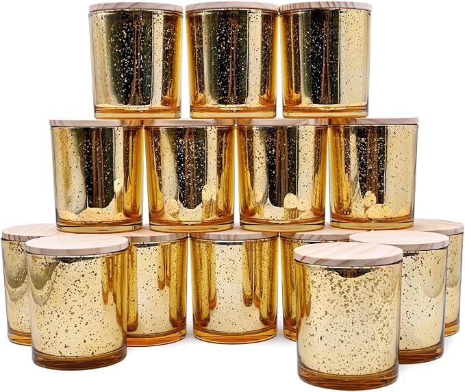 SHOWIN 10 OZ Thick Candle Jars for Making Candles 15 Pcs, Empty Jars with Wood Lids for Candle Making, Sample Container, Gold