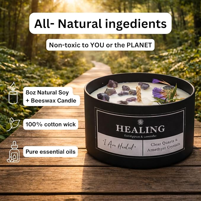 Healing Crystals Candle for Meditation & Room Decor, 8oz, Aromatherapy Candle with Clear Quartz and Amethyst, Eucalyptus & Lavender Essential Oil Scented Candles, Non Toxic Candles for Stress Relief
