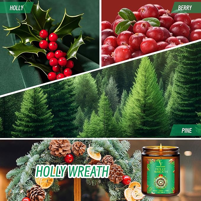 Christmas Candle, Holly Wreath Scented Candles for Home, Holiday Candles Natural Soy Candle, Aromatherapy Candle 7 oz Jar Candles Christmas Gifts for Women Men