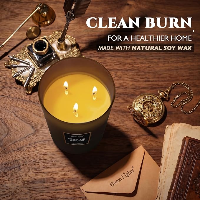 HomeLights Scented Candles | Large Jar Candle - 33.3 Oz. Natural Soy Aromatherapy Candles | Up to 70 Hours Burn Time with 3 Cotton Wicks, Home Decorative Fragrance Candles - Rosewood Macaron