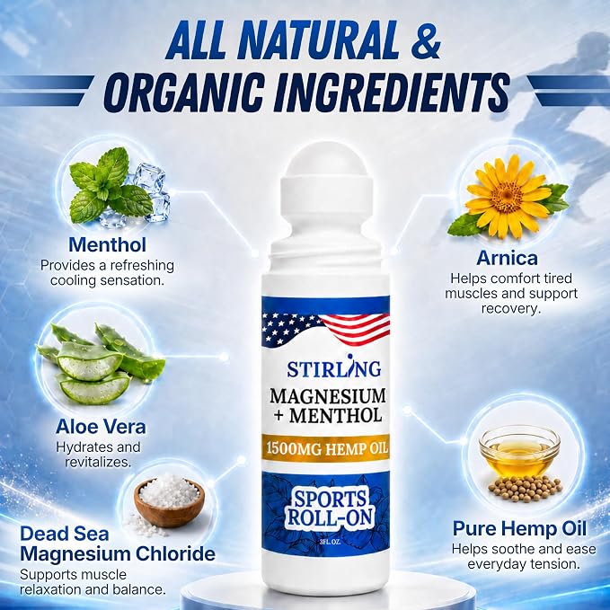 Stirling Menthol Roll On Lotion with Magnesium and 1500mg Pure Hemp - Non-GMO, THC-Free - Fast-Acting Relief for Sore Muscles and Joints, Reduces Swelling and Redness, Promotes Post-Workout Recovery