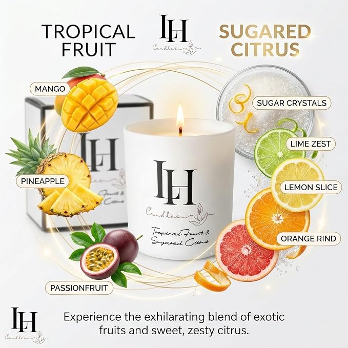 LH Tropical Fruit and Sugared Citrus Scented Candle – Non-Toxic Organic Soy Wax, Highly Scented Relaxing Candle for Men and Women, Summer Home Gift