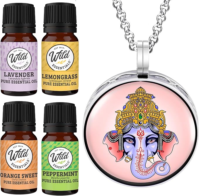 Wild Essentials Ganesha Necklace Essential Oil Diffuser Kit, Lavender, Lemongrass, Peppermint, Orange Oils, 8 Refill Pads, Calming Aromatherapy Gift Set, Customizable, Perfume