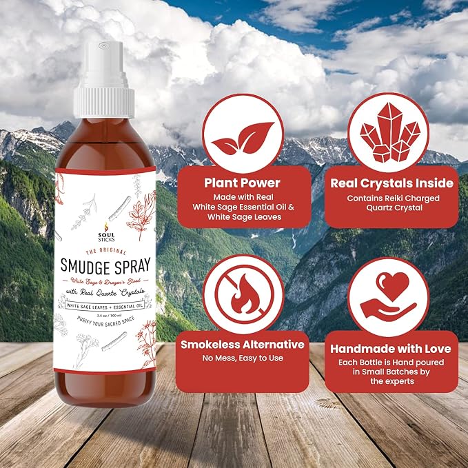 SOUL STICKS White Sage & Dragon’s Blood Smudge Spray – 3.5oz Smokeless Energy Mist with Quartz Crystals – Protective Smudging Spray for Aura Cleansing & Home Energy Clearing