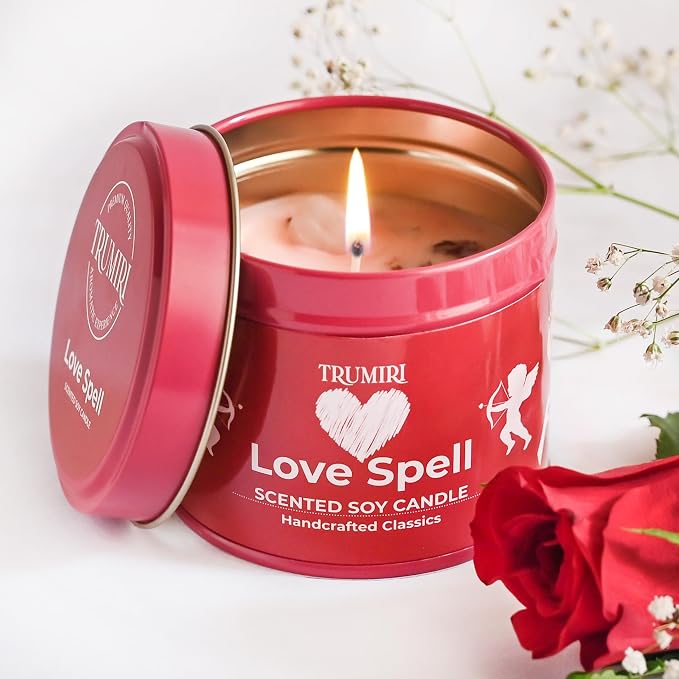 Love Spell - Scented Candles for Women & Men with Rose Petals and Crystals - 5oz Soy Clean Organic Non Toxic - Velas Aromáticas - Aromatherapy Spa Valentines Gift Home Décor Aesthetic Candel