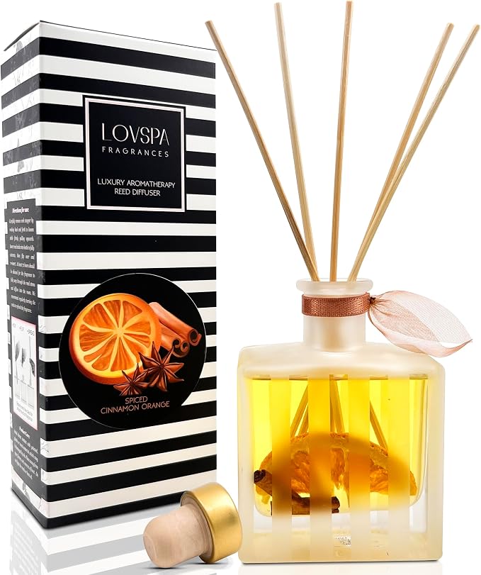 Reed Diffuser Set, Spiced Cinnamon Orange Scented Oil Diffuser with Sticks, Home Fragrance Accessories for Bathroom Shelf Decor, Aroma Diffusers for Home or Office Desk, USA Made
