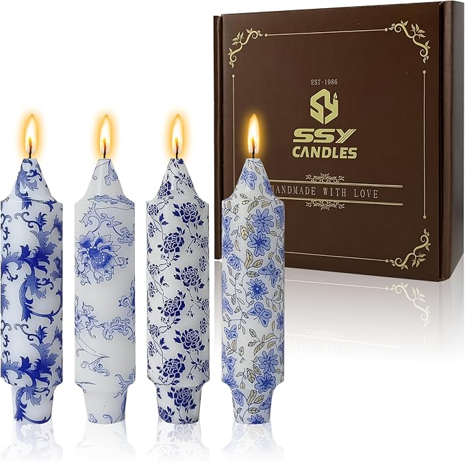 5 Inch Blue and White Short Taper Candles Hand Poured Smokeless Unscented Porcelain Style Chinoiserie Floral Candles for Wedding Nautical Dinner Home Decor Housewarming Gift Mother's Day Meditation