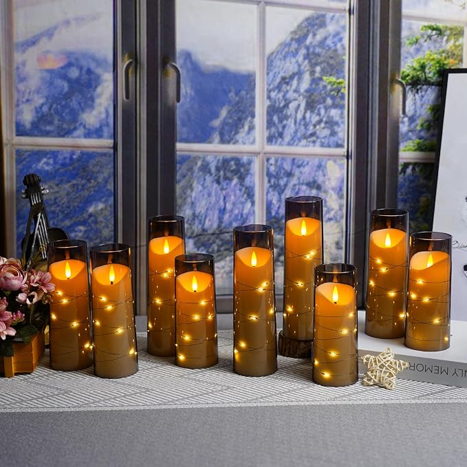 Eebuss Flameless Candles with Embedded Star String, Battery Operated LED Pillar Candles with Timer and Remote Control,Home Decorating for Ambiance， Set of 9(Grey)