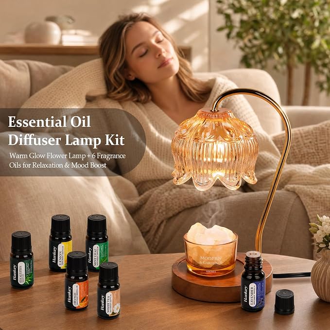 Funistree Flower Candle Warmer Lamp with Essential Oils Gift Set, Dimmable Candle Lamp Warmer with Timer, Wax Melter Lamp with Diffuser Stones, Christmas Birthday Gifts for Women Mom Wife Her