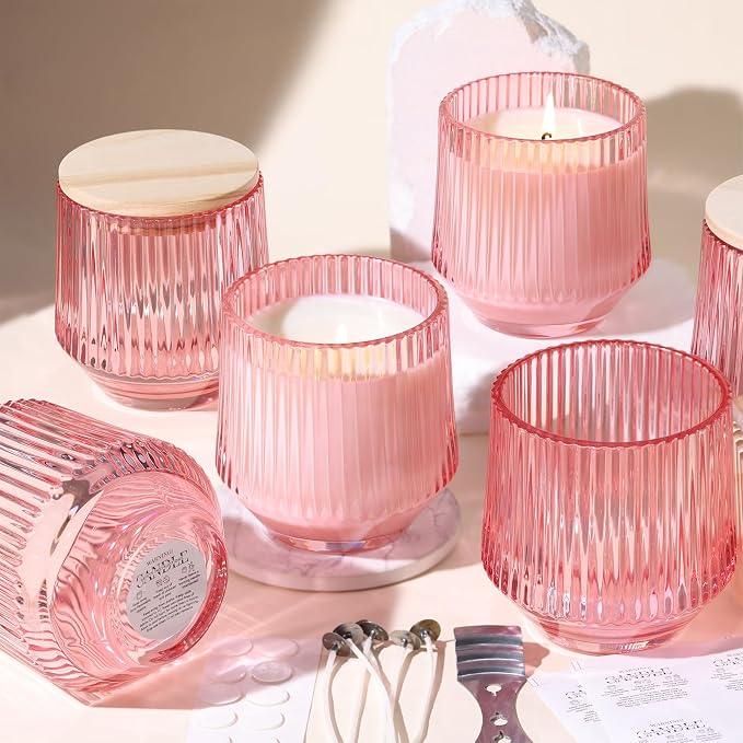 simeitol 13 OZ Pink Large Candle Jars for Making Candles - 6 Pack Glass Candle Jars Bulk with Vertical Striped, Candle Vessels with Bamboo Lids and Candle Wick Kit, for DIY, Home & Mother's Day