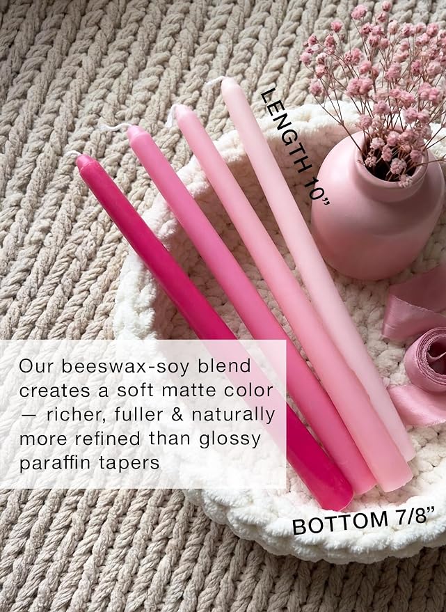 12pk 10" Classic Taper Candles, Pink Shades, 7-8 Hours Long Burning, Unscented Tall Candlesticks