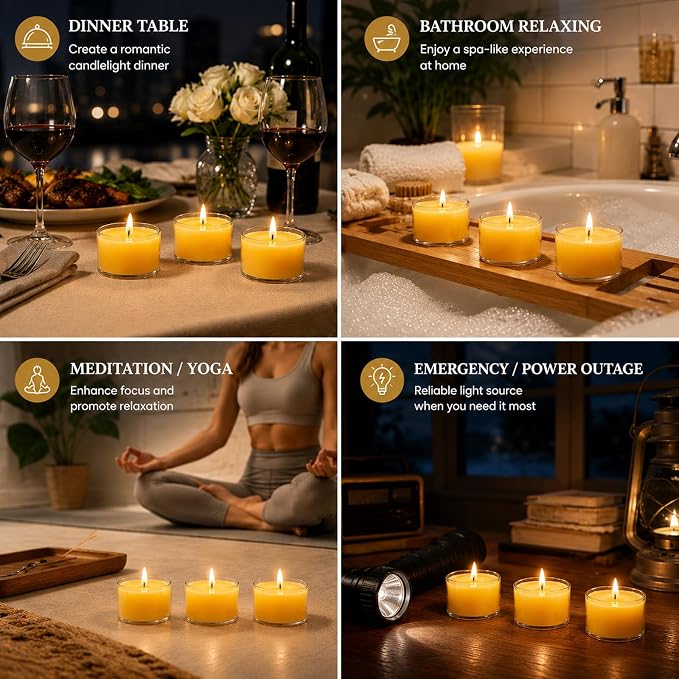 Beeswax Tea Candles 12 Pack, Non Toxic Bees Wax Tealight Candle for Home with 4 Hour Burn Time, Natural Tea Light Bulk for Emergency, Organic Yellow Candle for Relaxing, Meditation