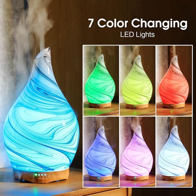 Porseme 280ml Essential Oil Diffuser Hand-Blown Glass Aroma Diffusor, Aromatherapy Unltrasonic Cool Mist deffuser, 7 Color Changing, Waterless Shut-Off, Timer Function for Home Office(Ink)