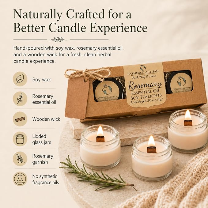 Rosemary Essential Oil Scented Tealight Candle Gift Set of 3 Handcrafted Natural Soy Candles Wooden Wick Dried Flowers Remembrance Home Office Aromatherapy Jar Tea Lights with Lids by Lathered Artisan