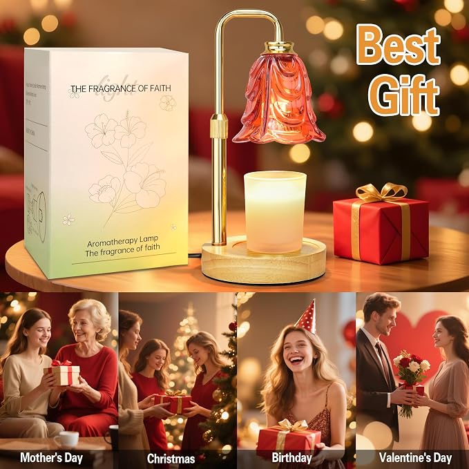 Candle Warmer Lamp with Timer Dimmer, Adjustable Height Red Tulip Candle Wax Warmer, Christmas Birthday Gift for Mom Women, House Warming Gifts for New Home Bedroom Decor,Lava Red
