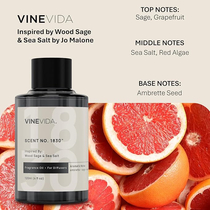 VINEVIDA [4 Oz] Inspired by: Wood Sage & Sea Salt; Diffuser Oil Refill | Premium Scent Diffuser Oil for Home | Non-Toxic Fragrance