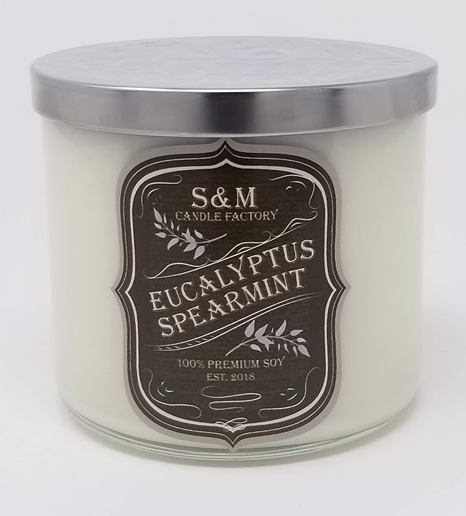 S&M Candle Factory Eucalyptus Spearmint Candle - Aromatherapy Soy Wax 3 Wick Scented Candle ~ Stress Relief/Stress Free Eucalyptus Spearmint ~ Made in USA (Large 3 Wick, White)
