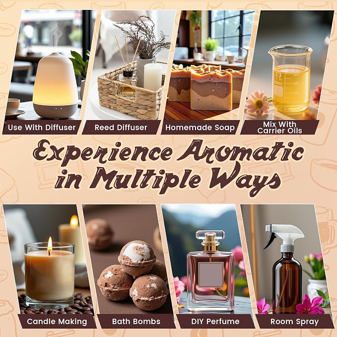 Coffee Shop Fragrance Oil Set | Espresso, Mocha Coffee, Chocolate, Almond Biscotti, Roasted Hazelnut Candle Scents for Candle Making, Soap Making Supplies, Diffuser Oil Scents