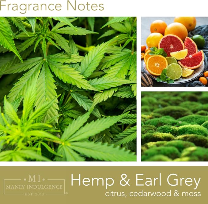 Manly Indulgence Hemp & Earl Grey Scented Candles for Men, 2 Wick, 15 oz Premium Soy Blend Wax, 60H Burn, Candles for Home Scented – Made in The USA