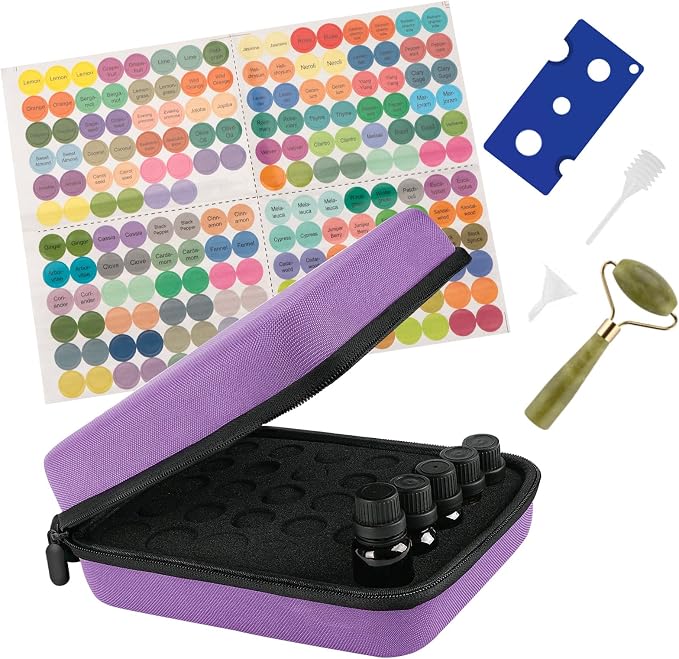 LUEXBOX Essential Oil Storage Case/Essential Oil Carrying Case/Essential Oil Case [Multiple Sizes] + Jade Roller for Face & Oil Opener & Stickers & Funnel & Transfer Pipette (Purple)