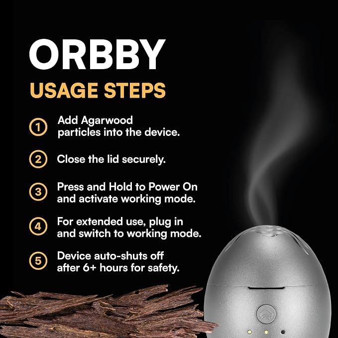 Orbby Electric Scent Diffuser Silver | Smokeless Flameless Rechargeable – Frankincense Bakhoor Agarwood Compatible | Pet & Kid Safe | Nearby Beside Use | Standard