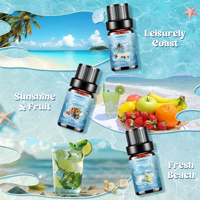 Ocean Essential Oils Set, Summer Essential Oils for Diffusers for Home, Beach Fragrance Oils for Candles & Soap Making, Scented Oils for Blue Sky, Wind, Coast, Sunshine & Fruit, Fresh Beach, Myrtle