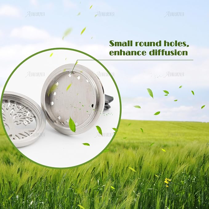 AUEAR, Car Diffuser Vent Clips Tree of Life Aromatherapy Essential Oil 30mm Stainless Steel Air Fresheners Lockets with 10 Felt Refill Pads for Women Men (Style D)