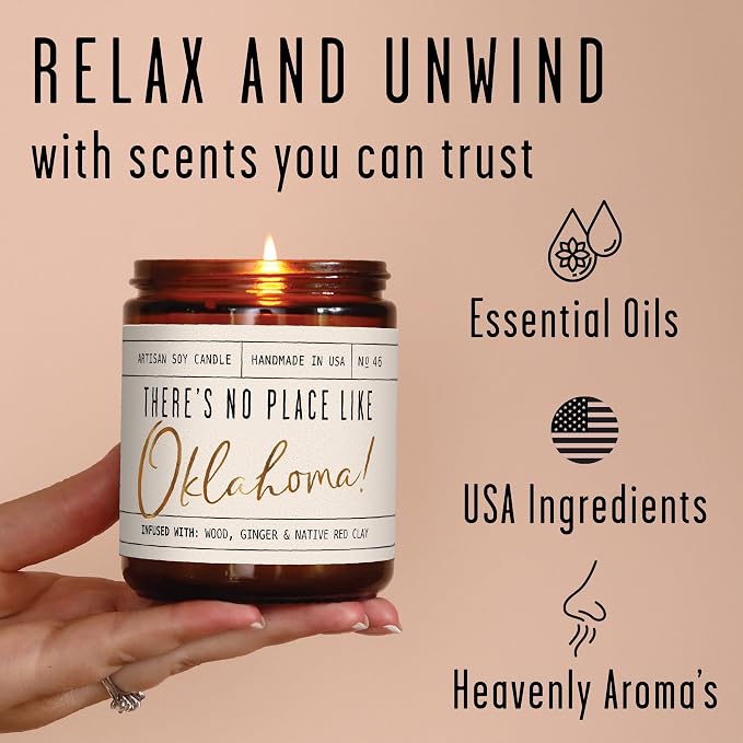 Oklahoma Gifts, Oklahoma Decor for Home - 'There's No Place Like Oklahoma Candle, w/Wood, Ginger & Native Red Clay I Oklahoma Souvenirs I Oklahoma State Gifts I 9oz Jar, 50Hr Burn, USA Made