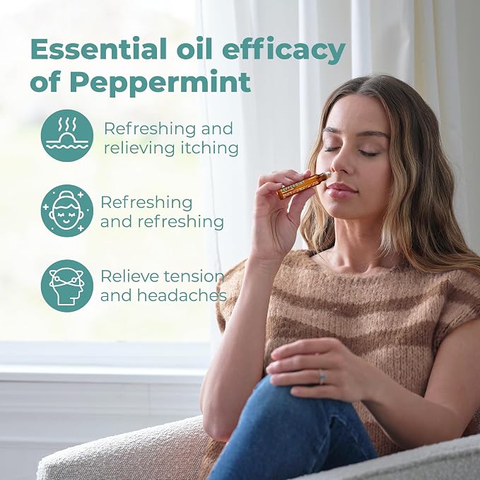 Peppermint Essential Oil Roll On, Mint Aromatherapy Rollerball, Cooling & Refreshing Scent for Travel, Focus, Relaxation, Easy-Apply Essential Oil Roller, 10ml/0.33 Fl Oz