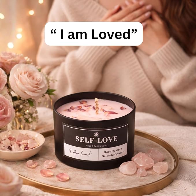 Self-Love Crystal Candle for Meditation and Room Decor, 8oz, Infused with Rose Quartz & Selenite Crystals, Rose & Sandalwood Essential Oil Scented Candles, Soy Wax Blend, Non Toxic Candles