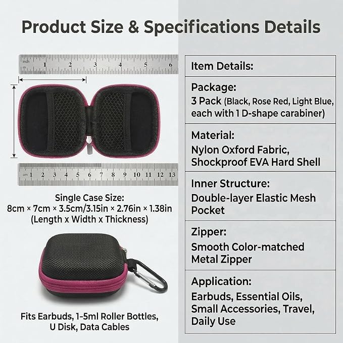 Elandy 3PCS Portable Small Essential Oil Carrying Case Mini Essential Oil Storage Bag Organizer Hard Shell Carry Pouches Hold Up To 1ml - 5ml Essential Oils Bottles