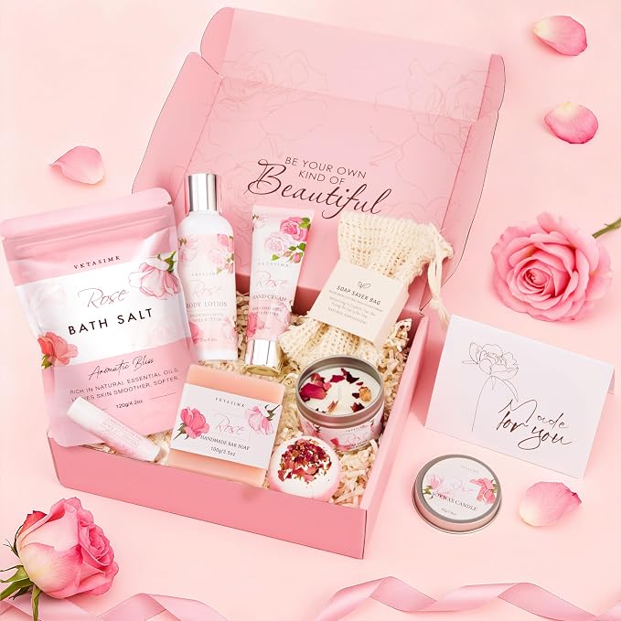 Gifts for Women Birthday, Bath and Body Gift Basket Mothers Day Gifts, Rose Home Spa Set Self Care Gift, Thank You for Mom Sister Her Teacher Friends Friendship